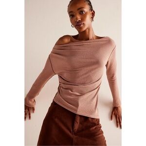 Free People Dusty Rose Off-Shoulder Ribbed Long Sleeve Top